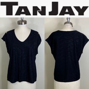 TANJAY PETITE MEDIUM CHIC VNECK TOP WITH GOLD SHOULDER GROMMETS LOOP DESIGN